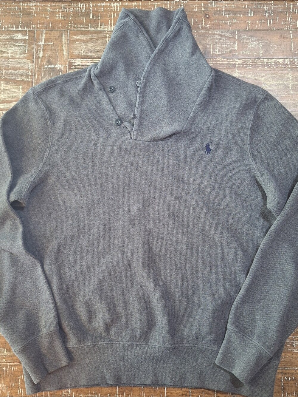 Polo Ralph Lauren Men’s L Button Shawl Sweater Gray Neck Collar Large with Pony